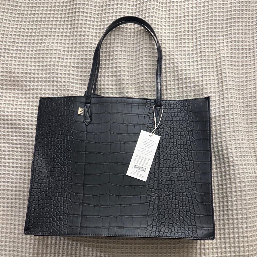 Beis Black  Crocodile-Embossed Tote Bag
